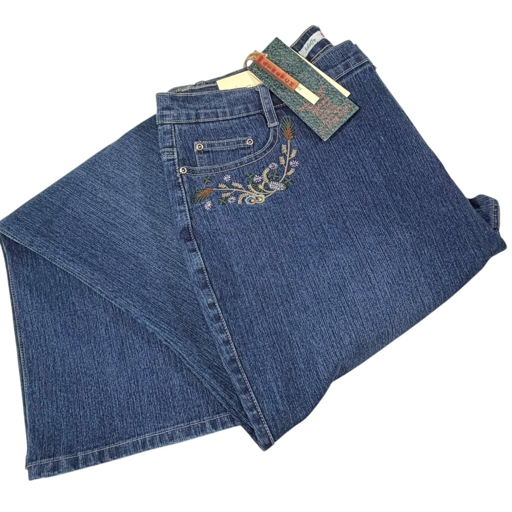 Adolfo Woman 20 Blue Jeans Embroidered Beaded Floral High Rise Stretch Boho
